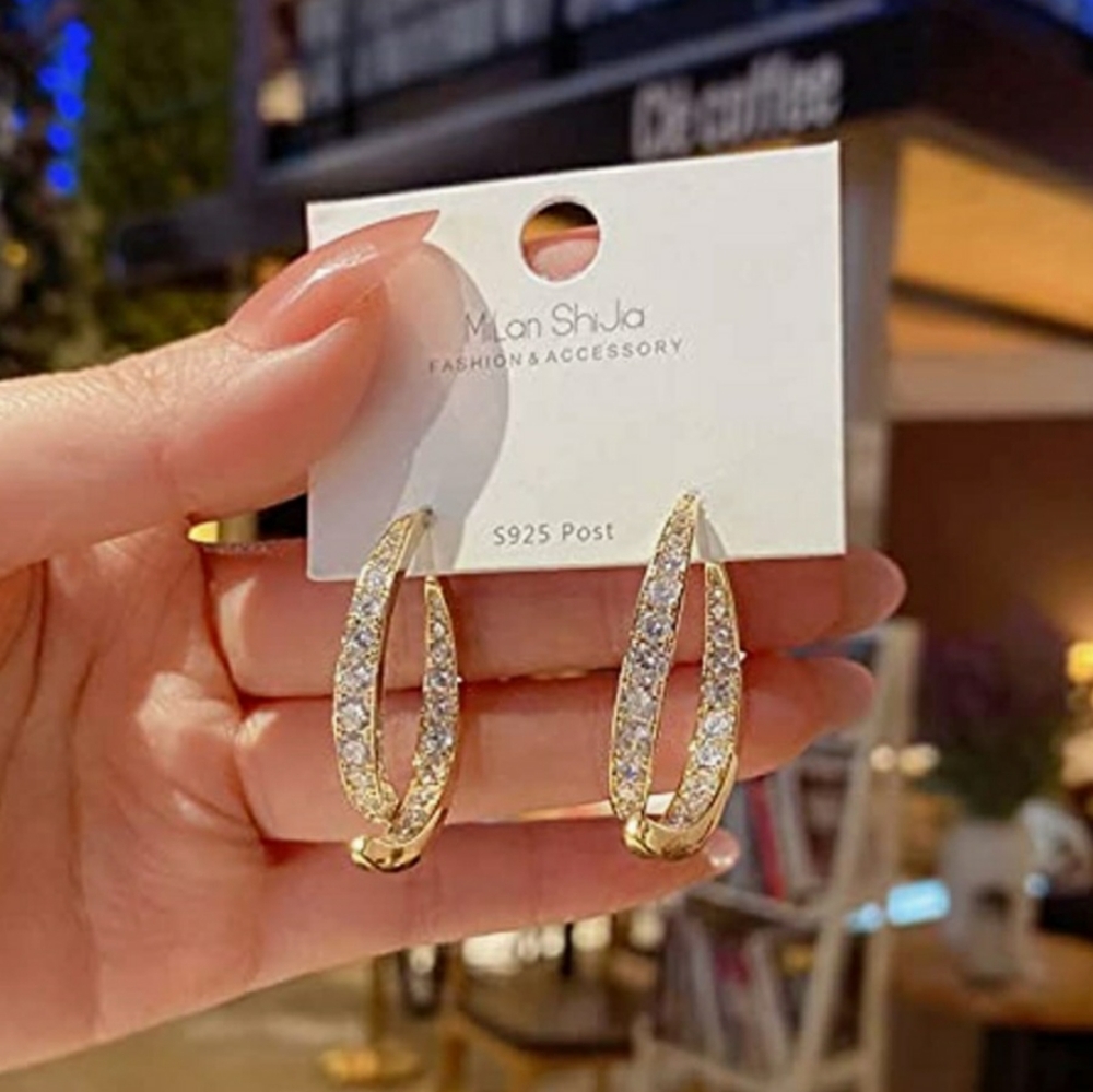 💎18k Gold diamond plated cross curved drop  earrings